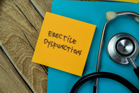 words "Erectile Dysfunction" on sticky note next to stethoscope